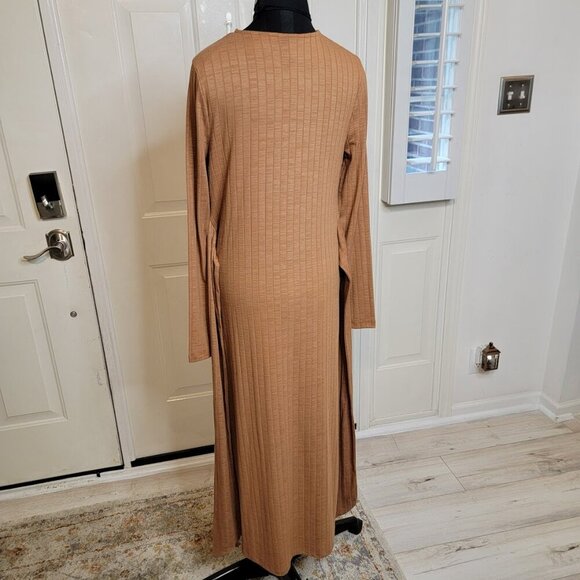 Topshop Tan Ribbed Long Sleeve Midi Dress with Waist Tie | Size 10 - Picture 8 of 12